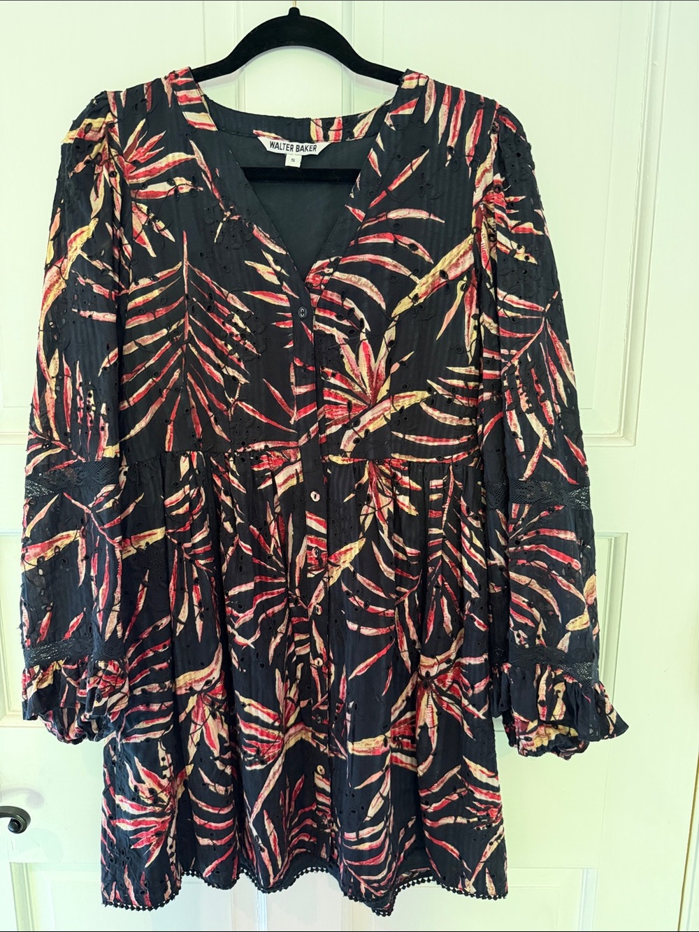 Walter Baker Black Dress with Red & Cream Leaf Motif